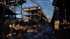 View of a shelled section of the Barabashovo market in Kharkiv, eastern Ukraine, Monday, May 23, 2022. (AP Photo/Bernat Armangue)