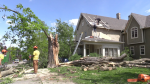 Damage in downtown Uxbridge, Ont., after a powerful storm hit the area on Sat., May 22, 2022 (MIKE ARSALIDES/CTV NEWS) 