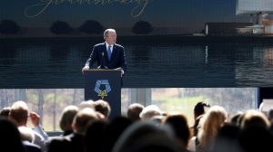 President George W. Bush speaks during the groundbreaking ceremony for the National Medal of Honor Museum , Friday, March 25, 2022, in Arlington, Texas. (Amanda McCoy/Star-Telegram via AP) 