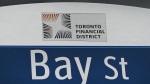 A street sign along Bay Street in Toronto's financial district is shown in Toronto on Tuesday, January 12, 2021. THE CANADIAN PRESS/Nathan Denette