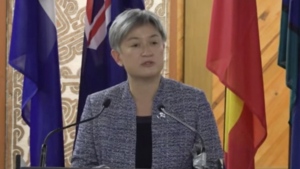 In this image taken from video, Australian Foreign Minister Penny Wong speaks during a keynote address at the Pacific Islands Forum Secretariat, Thursday, May 26, 2022, in Suva, Fiji. (Australian Dept. of Foreign Affairs and Trade via AP)