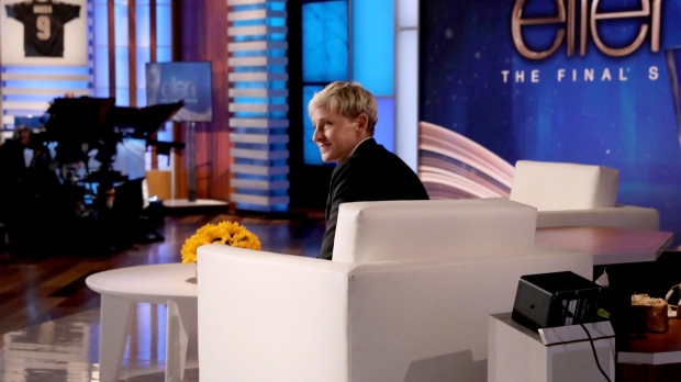 In this photo released by Warner Bros., talk show host Ellen DeGeneres appears during a taping of the final "The Ellen DeGeneres Show" at the Warner Bros. lot in Burbank, Calif. (Michael Rozman/Warner Bros. via AP)