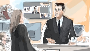 Defence counsel Megan Savard questions Jacob Hoggard at his sex assault trial in Toronto, Tuesday, May 24, 2022 as his wife Rebekah Asselstine (left) and Justice Gillian Roberts (top left) look on in this artist’s sketch. THE CANADIAN PRESS/Alexandra Newbould
