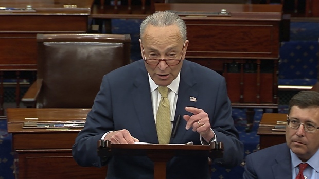 In this image from Senate Television, Senate Majority Leader Chuck Schumer of New York, speak on the Senate floor, Wednesday, May 25, 2022 at the Capitol in Washington. Schumer has quickly set in motion a pair of firearms background check bills in response to the school massacre in Texas. But the Democrat acknowledged Wednesday the refusal for years of Congress to pass any legislation aiming to curb a national epidemic of gun violence. (Senate Television via AP)