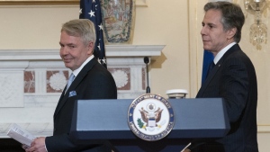 Secretary of State Antony Blinken, right, arrives for a news availability with Finland's Foreign Minister Pekka Haavisto, after their meeting at the State Department, Friday, May 27, 2022, in Washington. (AP Photo/Alex Brandon)