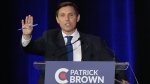 Conservative leadership hopeful Patrick Brown takes part in the Conservative Party of Canada French-language leadership debate in Laval, Que., Wednesday, May 25, 2022. Brown says calling social conservatives "dinosaurs" in a book he wrote about his time in Ontario politics was "the wrong terminology". THE CANADIAN PRESS/Ryan Remiorz