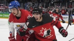 Canada's Dylan Cozens celebrates his goal during a match between the Czech Republic and Canada in the semifinals of the Hockey World Championships, in Tampere, Finland, Saturday, May 28, 2022. Cozens scored twice to lead Canada to a 6-1 win over Czechia in semifinal play Saturday at the world hockey championship. THE CANADIAN PRESS/Martin Meissner