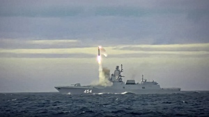 In this image taken from video released by Russian Defense Ministry Press Service on Saturday, May 28, 2022, a new Zircon hypersonic cruise missile is launched by the frigate Admiral Gorshkov of the Russian navy from the Barents Sea. Russia's Defense Ministry said the Russian navy successfully launched a new hypersonic missile from the Barents Sea. The ministry said the recently developed Zircon hypersonic cruise missile had struck its target about 1,000 kilometers away. (Russian Defense Ministry Press Service via AP)