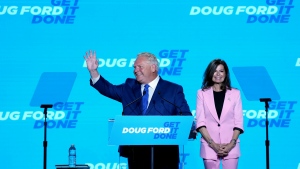 Ontario PC Party Leader Doug Ford and wife Karla look on after being re-elected as the Premier of Ontario, in Toronto, Thursday, June 2, 2022. THE CANADIAN PRESS/Nathan Denette