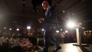 Ontario Liberal Leader Steven Del Duca steps off the stage after stepping down as party leader on election night in Vaughan, Ont., Thursday, June 2, 2022. THE CANADIAN PRESS/Chris Young