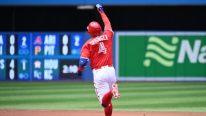 Toronto Blue Jays centre-fielder George Springer (4) rounds the bases after hitting a solo home run against the Minnesota Twins in the first inning of American League baseball action in Toronto on Sunday, June 5, 2022. THE CANADIAN PRESS/Jon Blacker