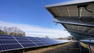 Solar panels face the sky on Jan. 26, 2021, in Burrillville, R.I., at ISM Solar's 10-acre solar farm which is the first of its kind in the state. (AP Photo/Elise Amendola, File)