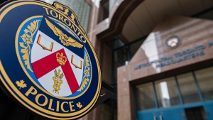 The Toronto Police Services emblem is photographed during a press conference at TPS headquarters, in Toronto on Tuesday, May 17, 2022. (THE CANADIAN PRESS/Christopher Katsarov)