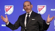 In this Feb. 26, 2020, file photo, Major League Soccer Commissioner Don Garber speaks during the leagues 25th Season kickoff event in New York, Feb. 26, 2020. (AP Photo/Richard Drew, File)
Richard Drew