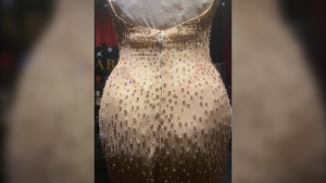 This photo provided by ChadMichael Morrisette shows the Marilyn Monroe “Happy Birthday” dress displayed June 12, 2022, at the Ripley’s Believe It or Not! attraction in Los Angeles. Some Monroe enthusiasts believe the dress was damaged after Kim Kardashian wore it briefly to the Met Gala this year. Ripley’s denies that claim. (ChadMichael Morrisette via AP)