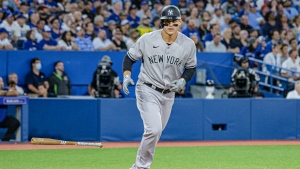 New York Yankees first baseman Anthony Rizzo (48) looks on after hitting a grand slam during fifth inning MLB baseball action against the Toronto Blue Jays, in Toronto on Friday, June 17, 2022. THE CANADIAN PRESS/Christopher Katsarov