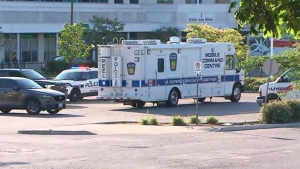 A PRP mobile command centre is seen outside Chandni Convention Centre in Brampton on June 19, 2022.