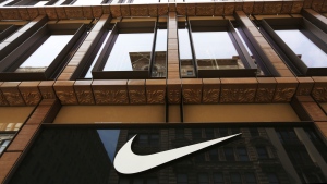 The Nike logo adorns the Nike SoHo store, Thursday, June 15, 2017, in the SoHo neighbourhood of New York. (AP Photo/Michael Noble Jr.)