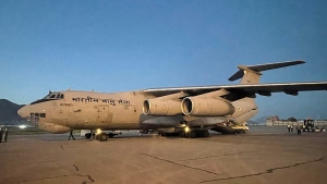 An Indian Air Force aircraft with earthquake relief consignment lands in Kabul, Afghanistan, Thursday, June 23, 2022. India said it sent a technical team to Kabul to coordinate the delivery of humanitarian assistance after a powerful earthquake in eastern Afghanistan that state media reported killed 1,000 people. (India's Ministry of External Affairs via AP)