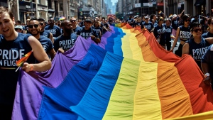 FILE - Reveler carry a LTBGQ flag along Fifth Avenue during the New York City Pride Parade on Sunday, June 24, 2018, in New York. Parades celebrating LGBTQ pride kick off in some of America's biggest cities Sunday amid new fears about the potential erosion of freedoms won through decades of activism. The annual marches in New York, San Francisco, Chicago and elsewhere take place just two days after one conservative justice on the Supreme Court signaled, in a ruling on abortion, that the court should reconsider the right to same-sex marriage recognized in 2015. (AP Photo/Andres Kudacki, File)