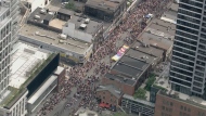 People line up the streets of downtown Toronto for the Toronto Pride parade. (Chopper 24)