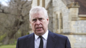 Britain's Prince Andrew speaks during a television interview at the Royal Chapel of All Saints at Royal Lodge, Windsor, April 11, 2021. The recent sex scandal involving Prince Andrew has prompted a school in Dartmouth, N.S., that bears his name to make a name change. (Steve Parsons/Pool Photo via AP, File)