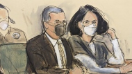 In this courtroom sketch, Ghislaine Maxwell, right, is seated beside her attorney, Christian Everdell, as they watch the prosecutor speak during her sentencing, Tuesday, June 28, 2022, in New York. Maxwell faces the likelihood of years in prison when she is sentenced for helping the wealthy financier Jeffrey Epstein sexually abuse underage girls. (AP Photo/Elizabeth Williams)