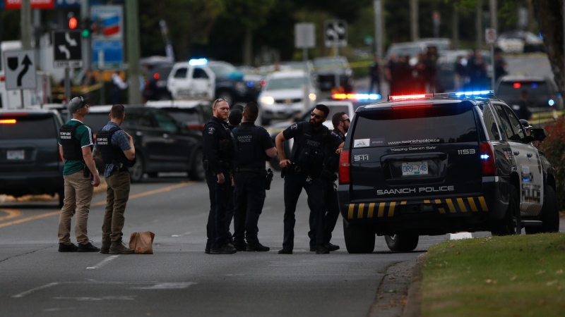 Saanich Police joined by Victoria Police and RCMP respond to reports of gunfire involving multiple people and injuries reported during an active situation in Saanich, B.C., on Tuesday, June 28, 2022 THE CANADIAN PRESS/Chad Hipolito 