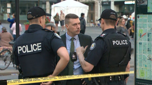 Toronto police investigate after a man was found suffering from multiple stab wounds at Yonge-Dundas Square in downtown Toronto Tuesday, June 28, 2022.
