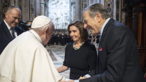 Pope Francis, greets Speaker of the House Nancy Pelosi, D-Calif., and her husband, Paul Pelosi before celebrating a Mass on the Solemnity of Saints Peter and Paul, in St. Peter's Basilica at the Vatican, Wednesday, June 29, 2022. Pelosi met with Pope Francis on Wednesday and received Communion during a papal Mass in St. Peter's Basilica, witnesses said, despite her position in support of abortion rights. (Vatican Media via AP