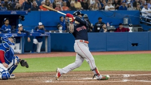Boston Red Sox left fielder Alex Verdugo (99) hits a home run during sixth inning AL MLB baseball action against the Toronto Blue Jays in Toronto on Wednesday, June 29, 2022. THE CANADIAN PRESS/Christopher Katsarov