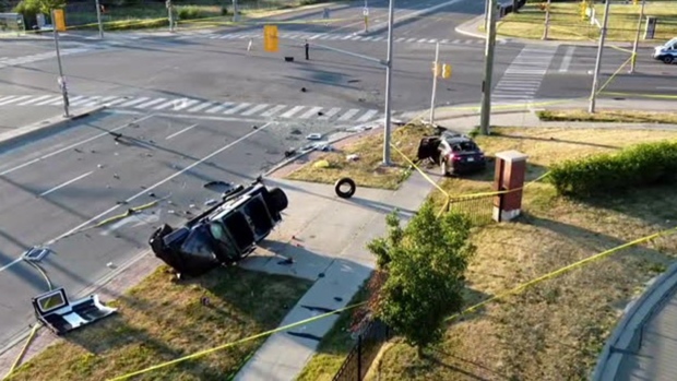 The scene of a fatal crash involving a Jeep and a sedan in Brampton is seen by a drone on July 3, 2022. (CP24)