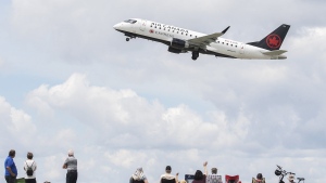 An Air Canada jet takes off from Trudeau Airport in Montreal, Thursday, June 30, 2022. Canadian airlines and airports claimed top spots in flight delays over the weekend, notching more than nearly any other around the world. THE CANADIAN PRESS/Graham Hughes