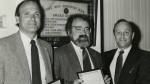 Irving Abella, centre, and Harold Troper accept the Toronto Jewish Cultural Council Writer's Award for None is Too Many, with Meyer Feldman, right, in this May 27, 1985 handout photo. Abella, co-author of "None is too Many," which detailed Canada's refusal to accept Jewish refugees fleeing the Holocaust, has died at age 82. THE CANADIAN PRESS/HO - Courtesy of the Ontario Jewish Archives