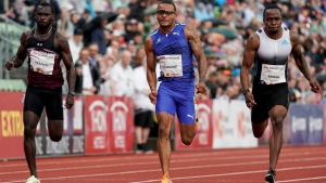 From left, Benjamin Azamati from Ghana, Andre De Grasse from Canada and Akani Simbine from South Africa compete in the men's 100 meters race during the Diamond League Bislett Games, in Oslo, Norway, Thursday, June 16, 2022. (Stian Lysberg Solum/NTB Scanpix via AP)