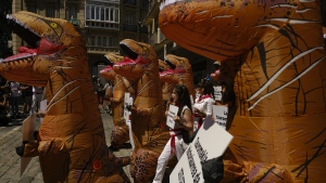 People dressing as dinosaurs protest against animal cruelty before the start of the San Fermin festival, which has been cancelled for the last two years due to coronavirus restrictions, in Pamplona, northern Spain, Tuesday, July 5, 2022. People from around the world flock to Pamplona to take part in the nine days of the festival which starts on Wednesday, July 6. (AP Photo/Alvaro Barrientos)