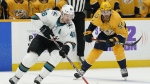 San Jose Sharks' Tomas Hertl (48) moves the puck ahead of Nashville Predators' Roman Josi (59) in the first period of an NHL hockey game on April 12, 2022, in Nashville, Tenn. The NHL has announced its 2022-23 schedule, with the Predators and Sharks kicking off the season Oct. 7 at O2 Arena in Prague, Czech Republic. THE CANADIAN PRESS/AP-Mark Humphrey