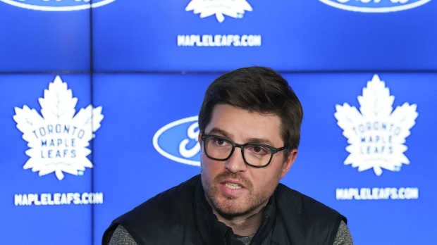 Toronto Maple Leafs general manager Kyle Dubas speaks to the media after being eliminated in the first round of the NHL Stanley Cup playoffs during a press conference in Toronto on Tuesday, May 17, 2022. THE CANADIAN PRESS/Nathan Denette