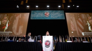 Assembly of First Nations National Chief RoseAnne Archibald speaks during the AFN annual general meeting, in Vancouver, on Tuesday, July 5, 2022. It’s the last day of the Assembly of First Nations annual gathering Vancouver and the issue of leadership still hasn’t been solved.THE CANADIAN PRESS/Darryl Dyck