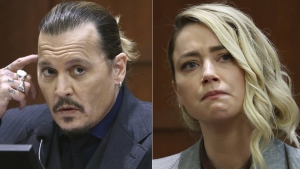 This combination of photos shows actor Johnny Depp testifying at the Fairfax County Circuit Court in Fairfax, Va., on April 21, 2022, left, and actor Amber Heard testifying in the same courtroom on May 26, 2022.  (AP Photo)