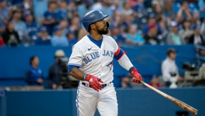 Toronto Blue Jays right fielder Teoscar Hernandez (37) watches his home run during fourth inning interleague MLB action against the Philadelphia Phillies in Toronto on Wednesday, July 13, 2022. THE CANADIAN PRESS/Christopher Katsarov 