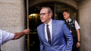 Actor Kevin Spacey leaves the Old Bailey, in London, Thursday, July 14, 2022. Spacey appeared Thursday in a court in London after he was charged with sexual offenses against three men. The 62-year-old Spacey is accused of four counts of sexual assault and one count of causing a person to engage in penetrative sexual activity without consent. (AP Photo/Alberto Pezzali)