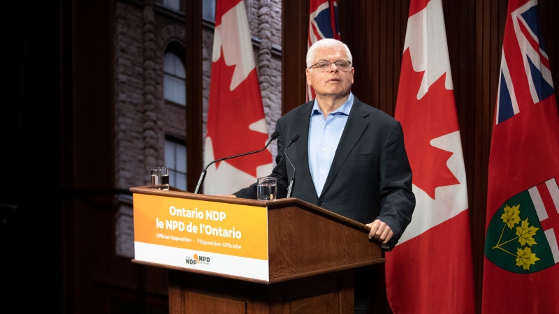 Ontario NDP interim Leader Peter Tabuns speaks to the media at Queens Park, in Toronto, Wednesday, June 29, 2022. THE CANADIAN PRESS/Chris Young