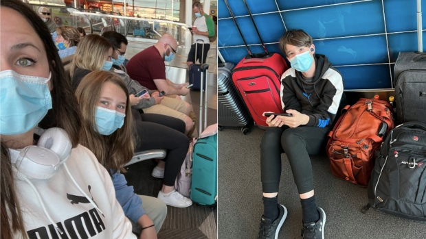 April Kendell takes a photo with her family while facing flight delays at Toronto Pearson International Airport (Supplied). 