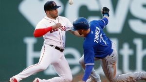 Toronto Blue Jays' Bradley Zimmer (7) steals second base as Boston Red Sox's Yolmer SÃ¡nchez bobbles the ball during the ninth inning of a baseball game, Saturday, July 23, 2022, in Boston. (AP Photo/Michael Dwyer)