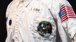 This photo provided on Tuesday, July 26, 2022, by Sotheby's, shows a jacket worn by astronaut Edwin "Buzz" Aldrin on the historic first mission to the moon's surface in 1969, which sold for nearly $2.8 million at auction. (Courtesy of Sotheby's via AP)