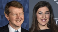 FILE - In this combination of images shows Ken Jennings, left, as he appears at the 2020 ABC Television Critics Association Winter Press Tour in Pasadena, Calif., Jan. 8, 2020, and actress Mayim Bialik as she appears at the 23rd annual Critics' Choice Awards in Santa Monica, Calif., Jan. 11, 2018. On Wednesday, July 27, 2022, it was announced that “Jeopardy!” closed and signed deals with Bialik and Jennings to be co-hosts of the popular game show moving forward. (AP Photos, File)