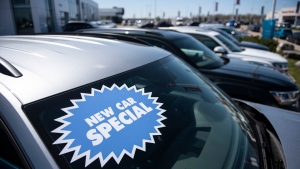 A new vehicle for sale is seen at an auto mall in Ottawa, on Monday, April 26, 2021. THE CANADIAN PRESS/Justin Tang 