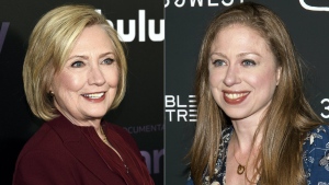 Former secretary of state Hillary Clinton attends the premiere of the Hulu documentary "Hillary" in New York o March 4, 2020, left, and Chelsea Clinton attends a screening of "Colette" in New York on Sept. 13, 2018.  THE CANADIAN PRESS/AP-by Evan Agostini, left, and Charles Sykes/Invision/AP