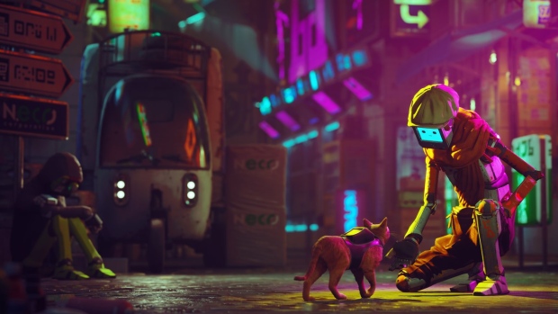 In this image provided by Annapurna Interactive, art from the "Stray" video game, developed by BlueTwelve Studio and released on July 19, 2022, is seen. The virtual cat hero from the new video game sensation “Stray” doesn't just wind along rusted pipes, leap over unidentified sludge and decode clues in a seemingly abandoned city. The popular game has resonated with cat lovers and some of them are using the game to raise money for real cats. (Annapurna Interactive via AP)